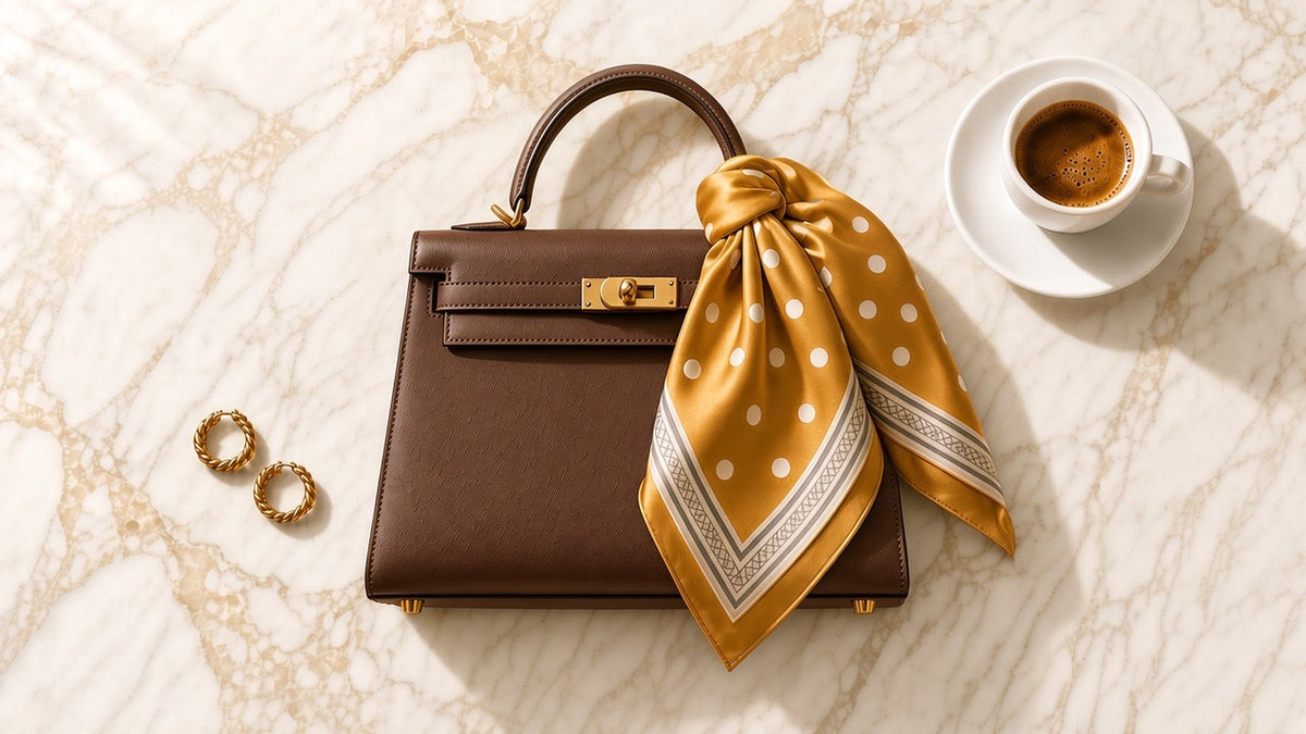 Brown structured handbag with gold polka dot silk scarf, gold hoop earrings, and espresso on marble surface