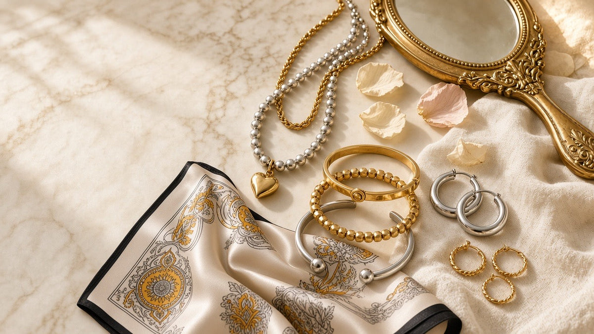 Good and silver jewelry styled on cream marble beside a mustard and gray medallion satin scarf