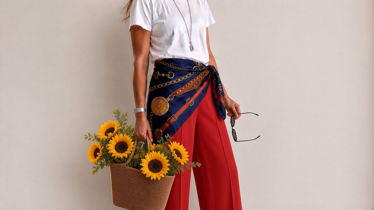 Woman in a white tee and red wide-leg trousers with a navy equestrian-print satin scarf folded into a triangle and knotted at her hip, holding a straw tote with sunflowers, face out of frame