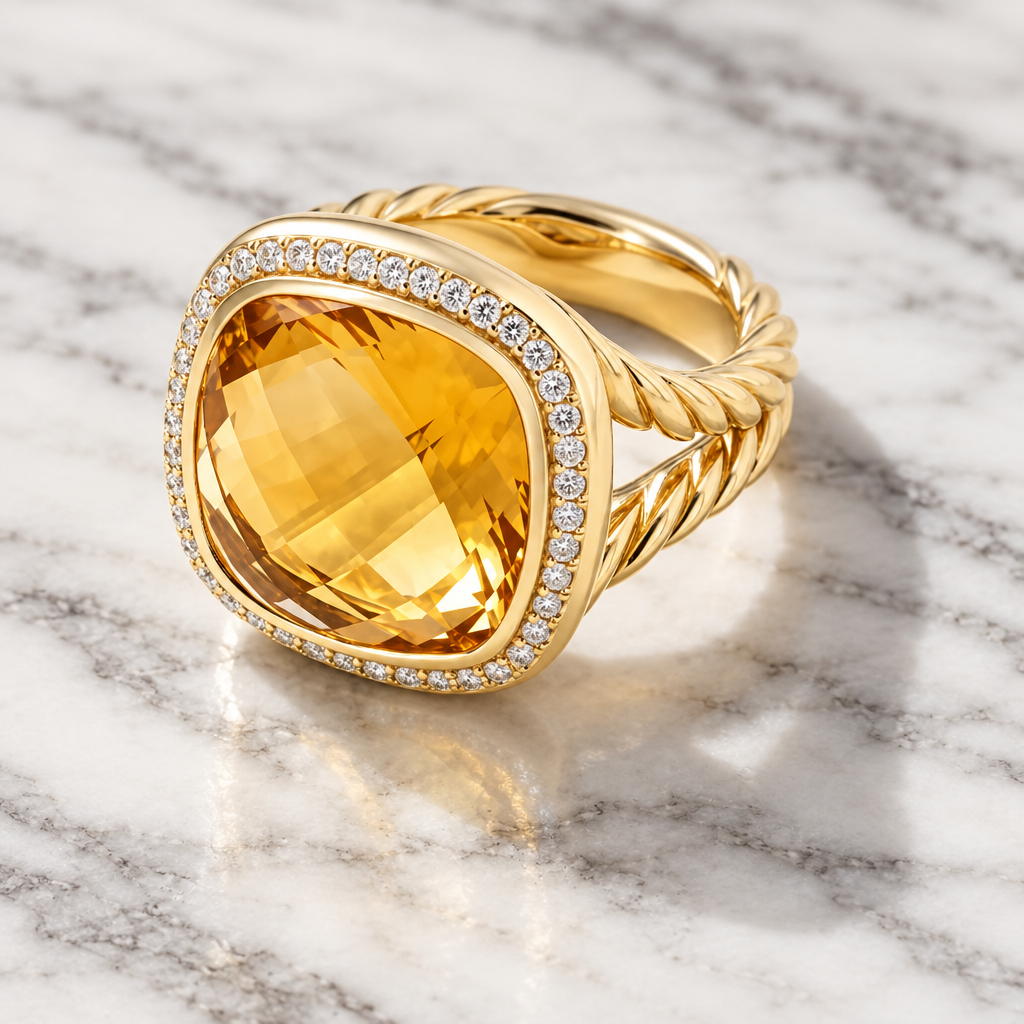 Gold-tone cable band ring with a large square honey-yellow faceted stone surrounded by a halo of small clear stones.