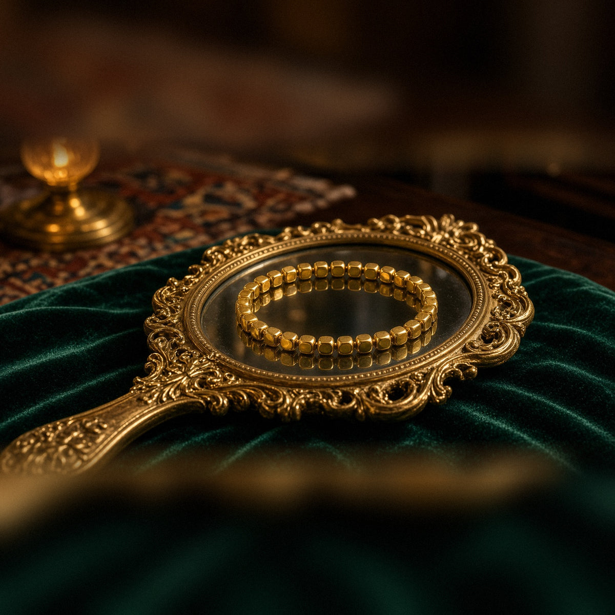Gold-tone cube bead stretch bracelet resting on a gilded vintage hand mirror over emerald velvet