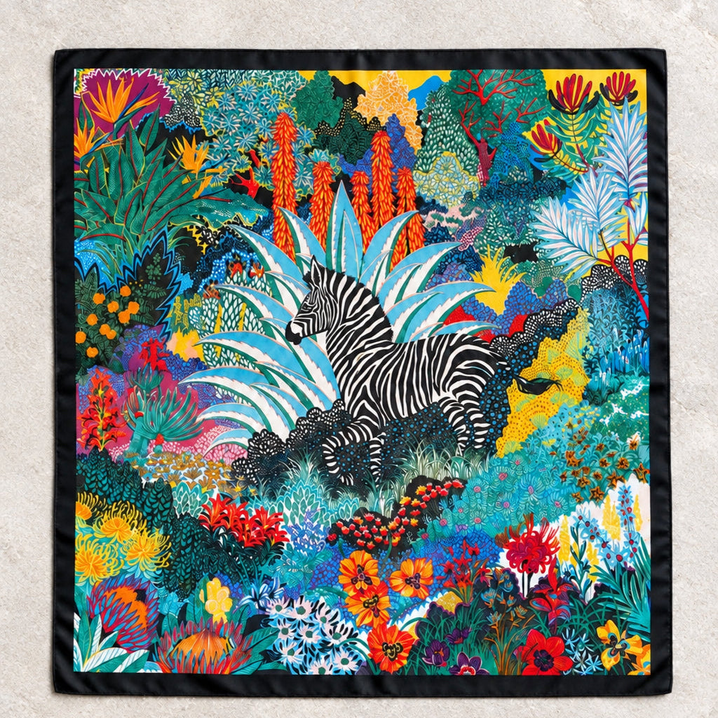 Zebra Garden Satin Scarf laid flat: a zebra in a lush wildflower garden, framed by a black border