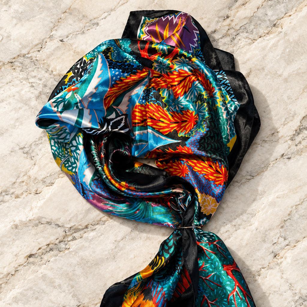 Zebra Garden Satin Scarf gathered on cream marble, showing bright teal, orange and red jungle print with black border