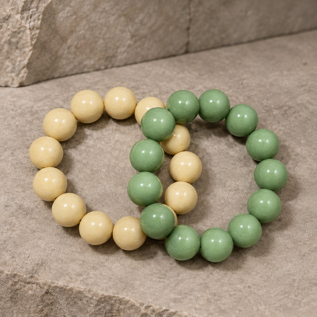Color Block Chunky Bead Bracelets in assorted colors, stacked on gray stone