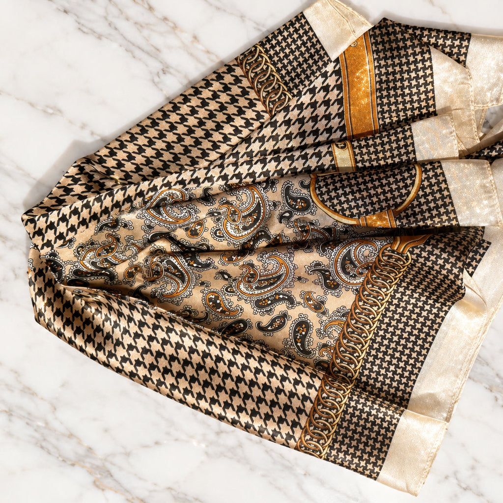 Houndstooth Paisley satin scarf gathered on white marble, with paisley center, gold chain print and cream border
