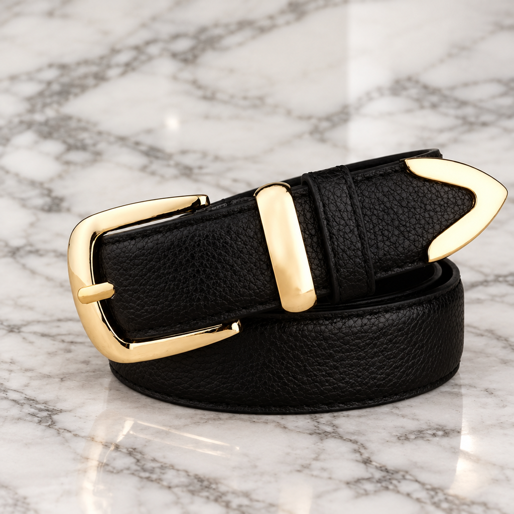 Black pebbled belt with a gold-tone buckle, keeper and pointed tip, rolled up.