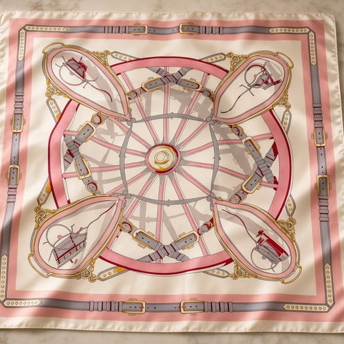 Carriage Ride Satin Scarf laid flat: pink carriage wheel, equestrian vignettes and gray belt straps on a cream center