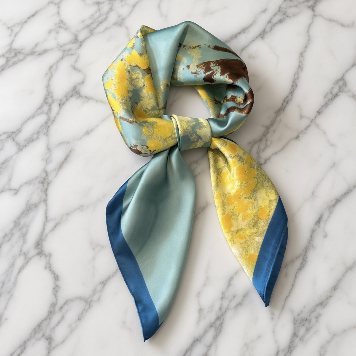 Aqua and citrine yellow satin scarf knotted with navy tips on white marble