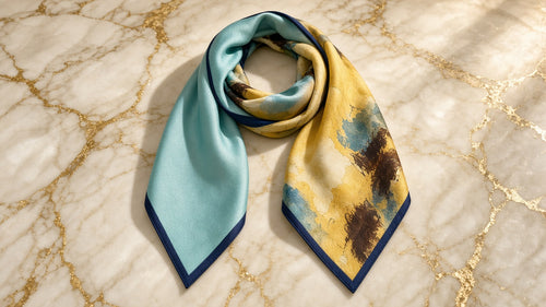 Aqua and Citrine Scarf on cream marble with gold veining