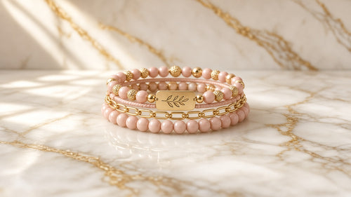 Blush and Gold Bracelet Stack on cream marble with gold veining