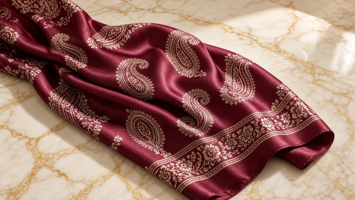 Bordeaux Paisley Scarf on cream marble with gold veining