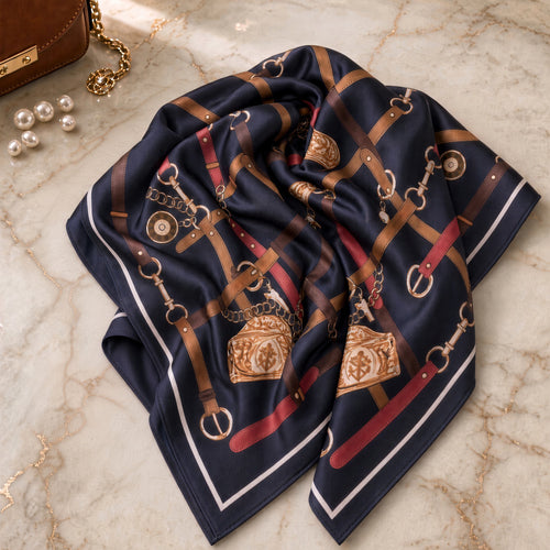 Navy equestrian print scarf loosely draped on marble beside a brown handbag and pearls