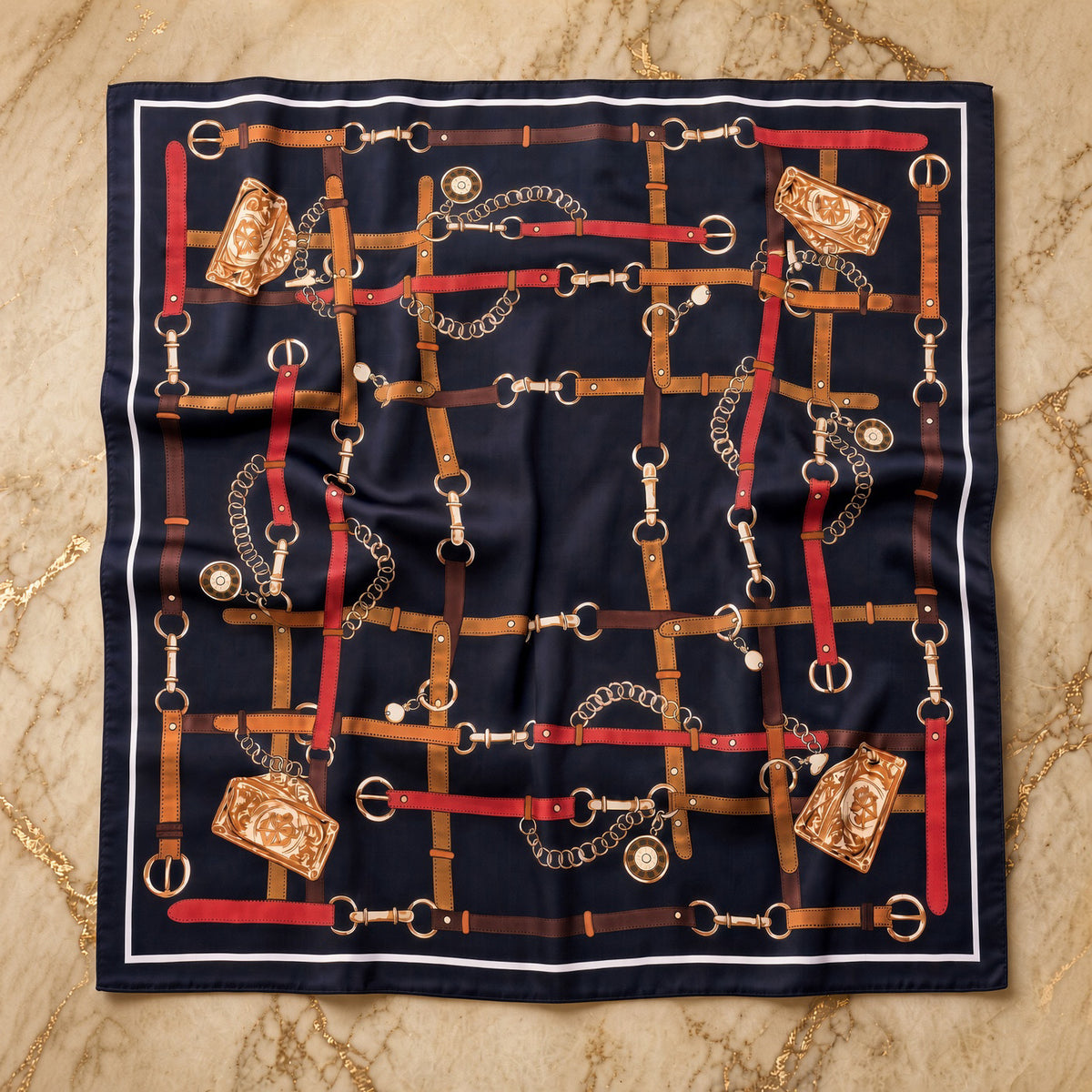 Navy square scarf laid flat showing cognac, red, and gold harness print on marble