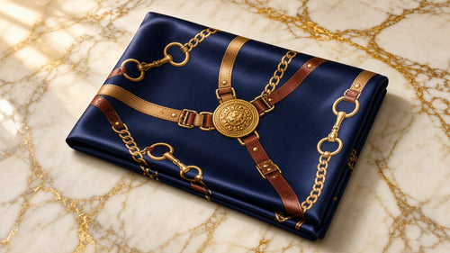 Bridle, Cognac and Navy Scarf on cream marble with gold veining