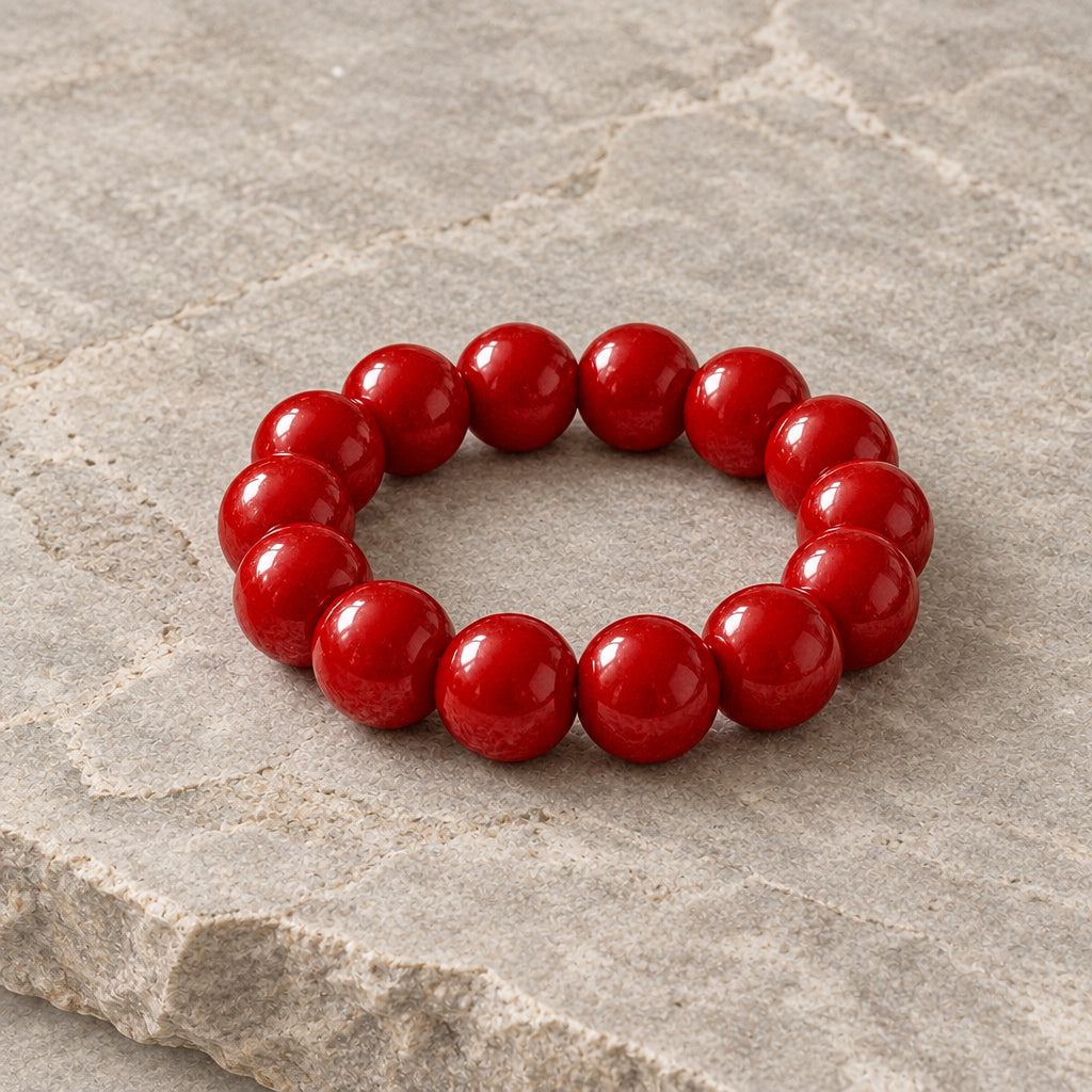 Candy Apple chunky red bead stretch bracelet on ivory lace with a gilded jewelry box and roses