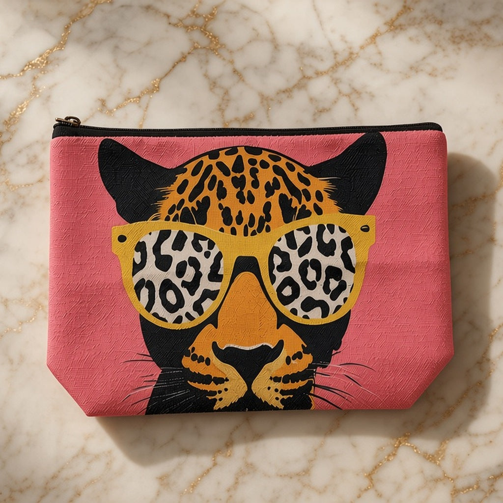 Pink zipper pouch with leopard in yellow sunglasses print, on cream and gold marble