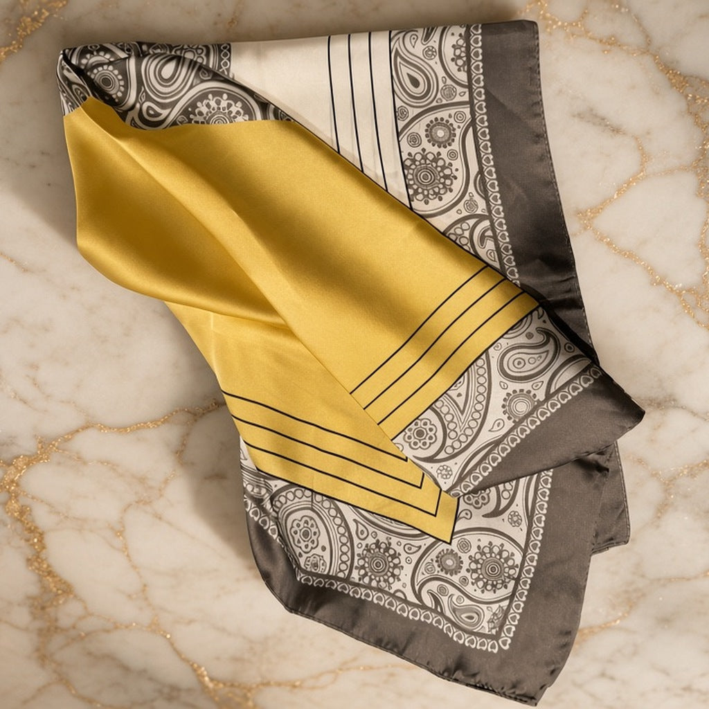 Honey and Dove satin scarf with gray paisley border, white pinstripes and a mustard yellow half, folded on cream marble