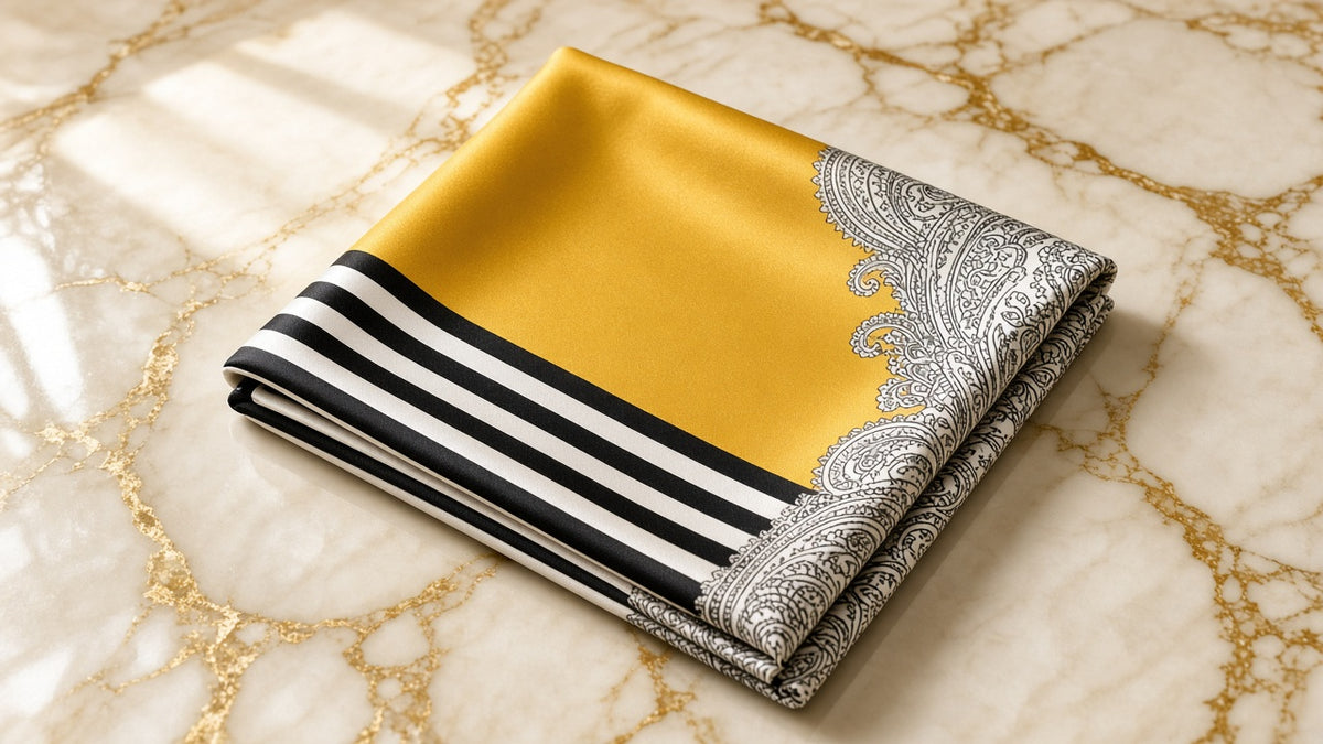 Honey and Dove Paisley Satin Scarf on cream marble with gold veining