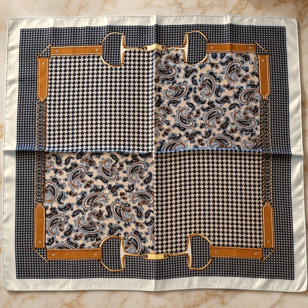 Houndstooth Paisley satin scarf laid flat with gold horsebit and tan strap print and cream border, on cream marble