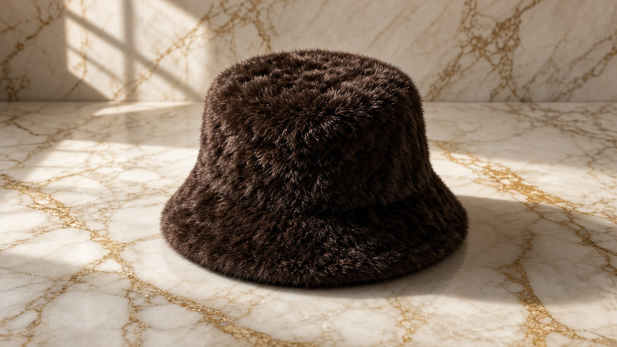 Mocha Brown Winter Hat on cream marble with gold veining