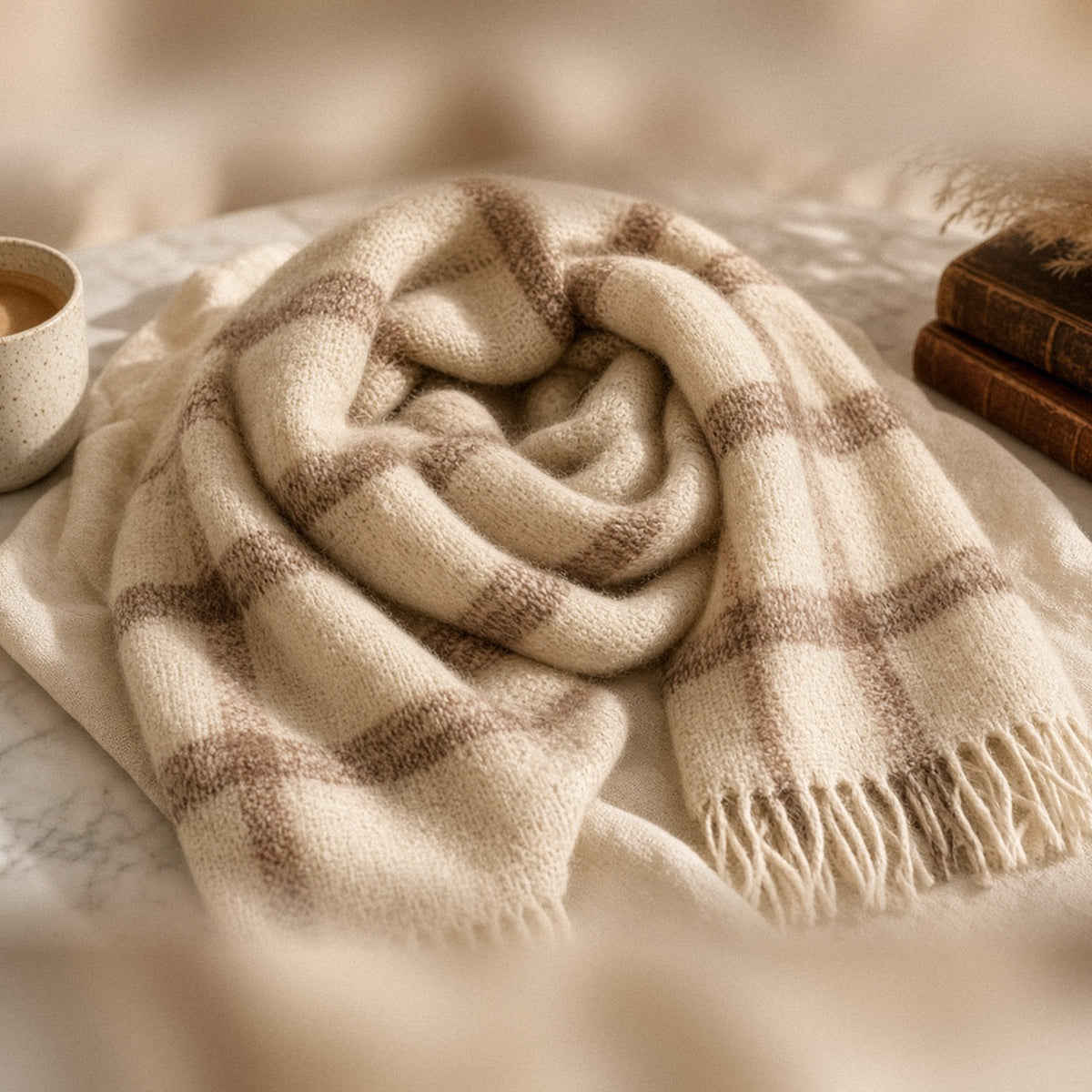 Oat and cocoa plaid fringed blanket scarf on linen with a latte and old books