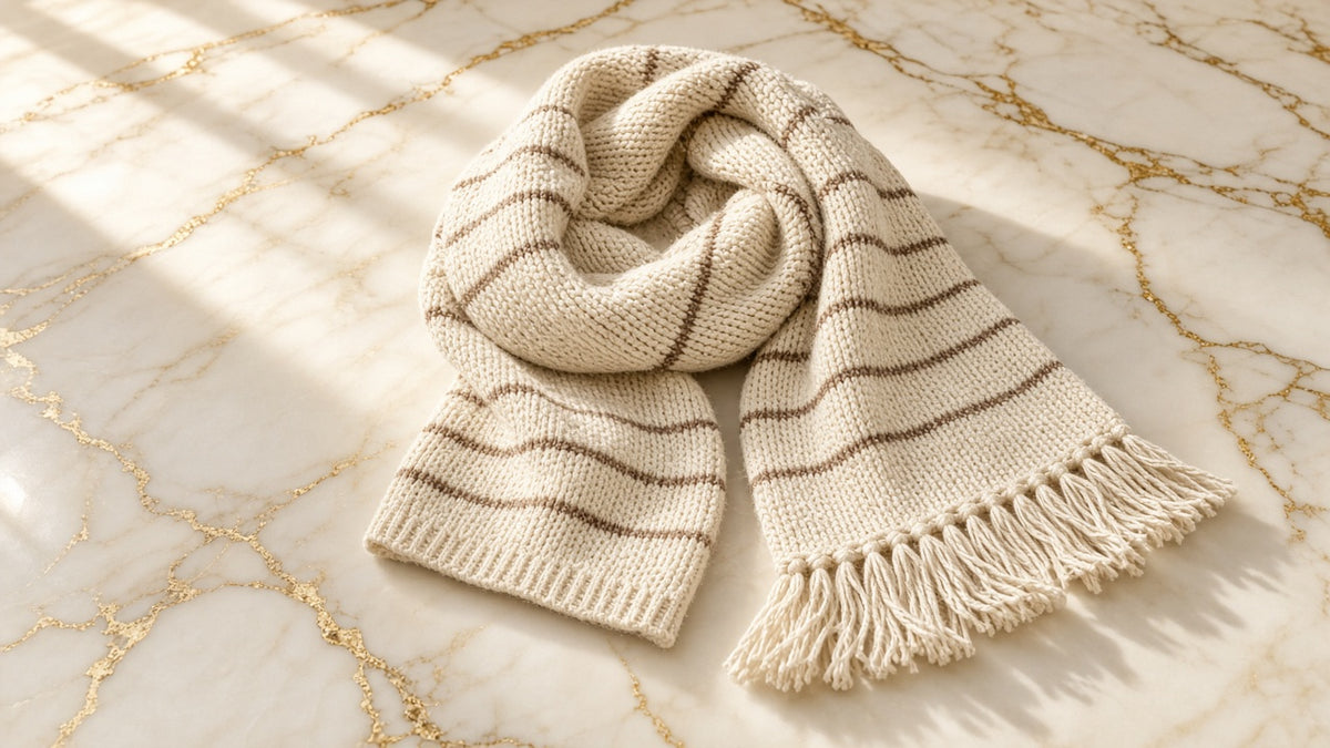 Oat and Cocoa Plaid Blanket Scarf on cream marble with gold veining