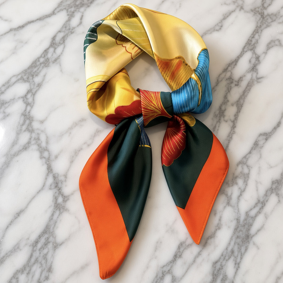 Yellow, forest green, and orange satin square scarf knotted on gray-veined white marble