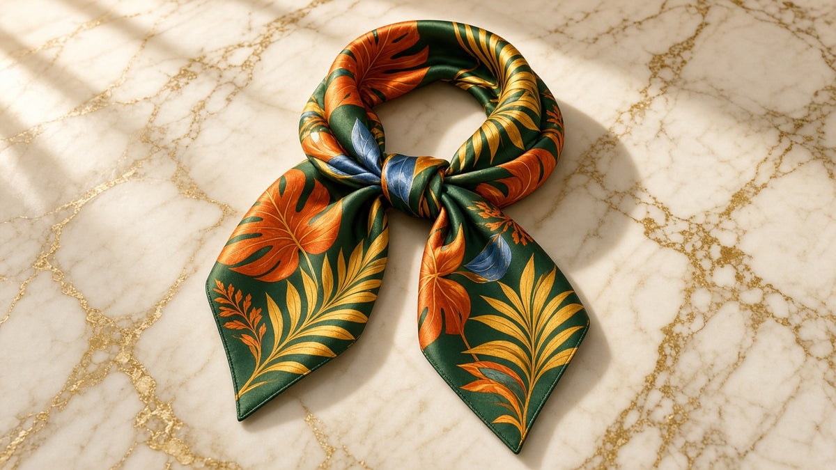 Saffron and Forest Scarf on cream marble with gold veining