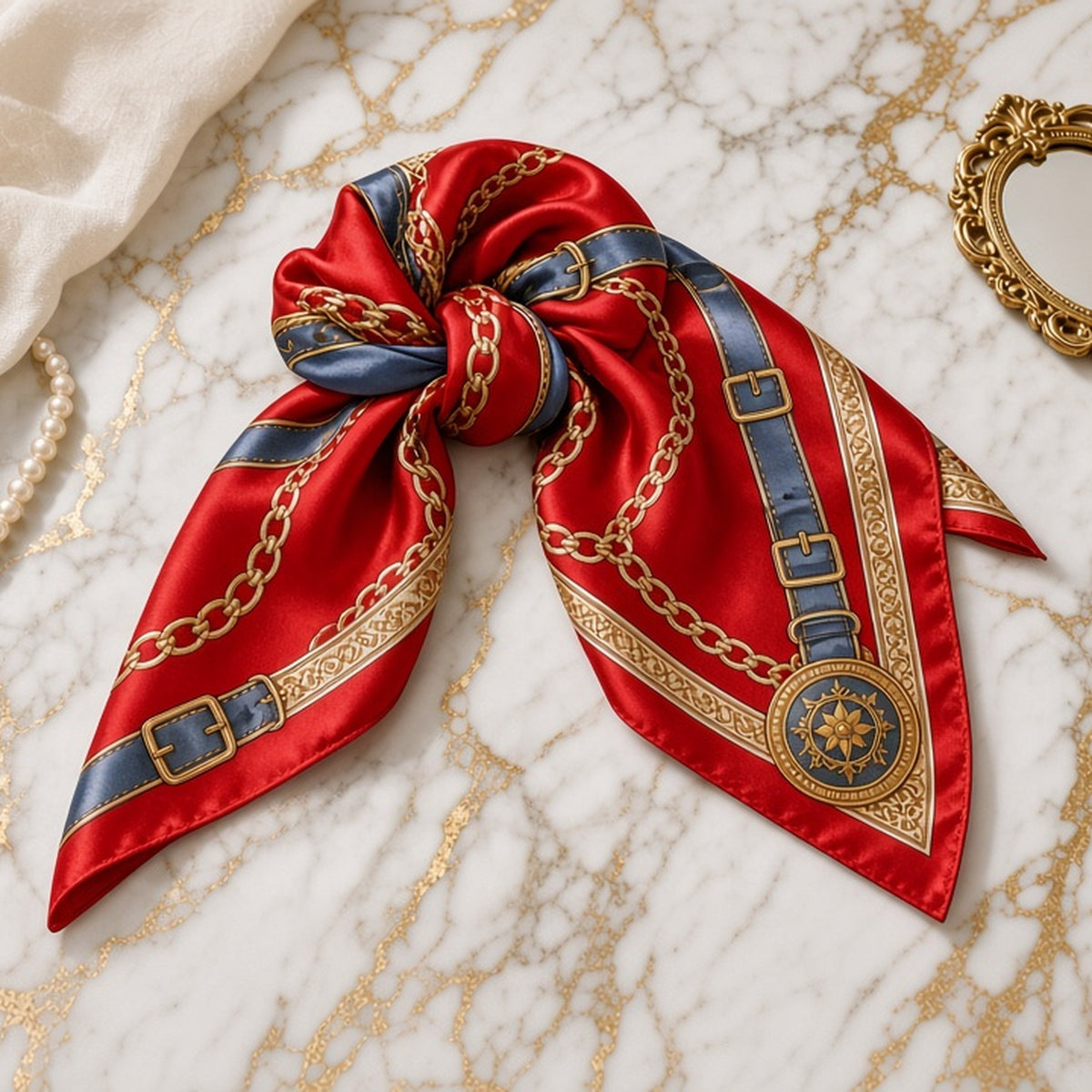 Red satin square scarf with gold chain, blue buckle strap, and medallion print, knotted on white marble.