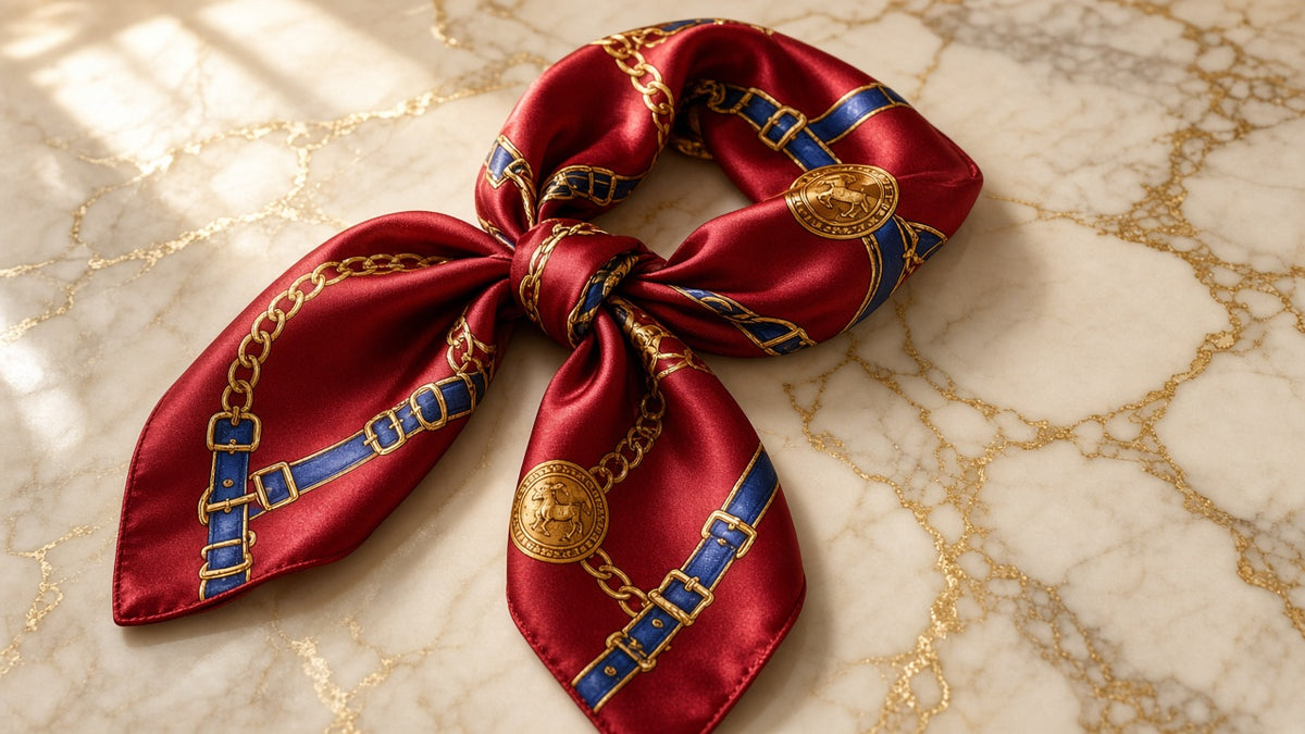 Scarlet Chain and Buckle Scarf on cream marble with gold veining