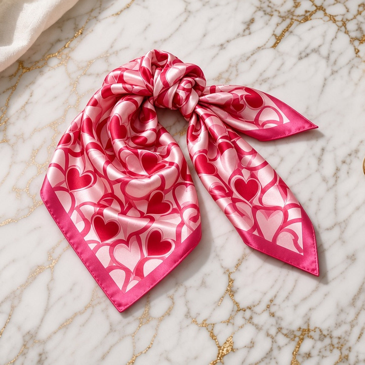 Pink and red heart print satin square scarf tied in a soft knot on gold-veined white marble.