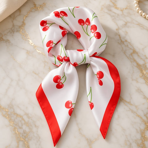 White satin square scarf with red cherry print and red border, tied in a soft knot on gold-veined marble.