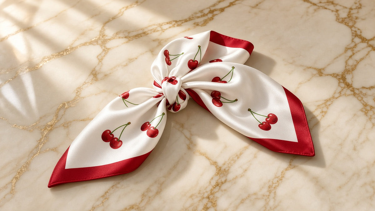 Cherry Satin Scarf on cream marble with gold veining