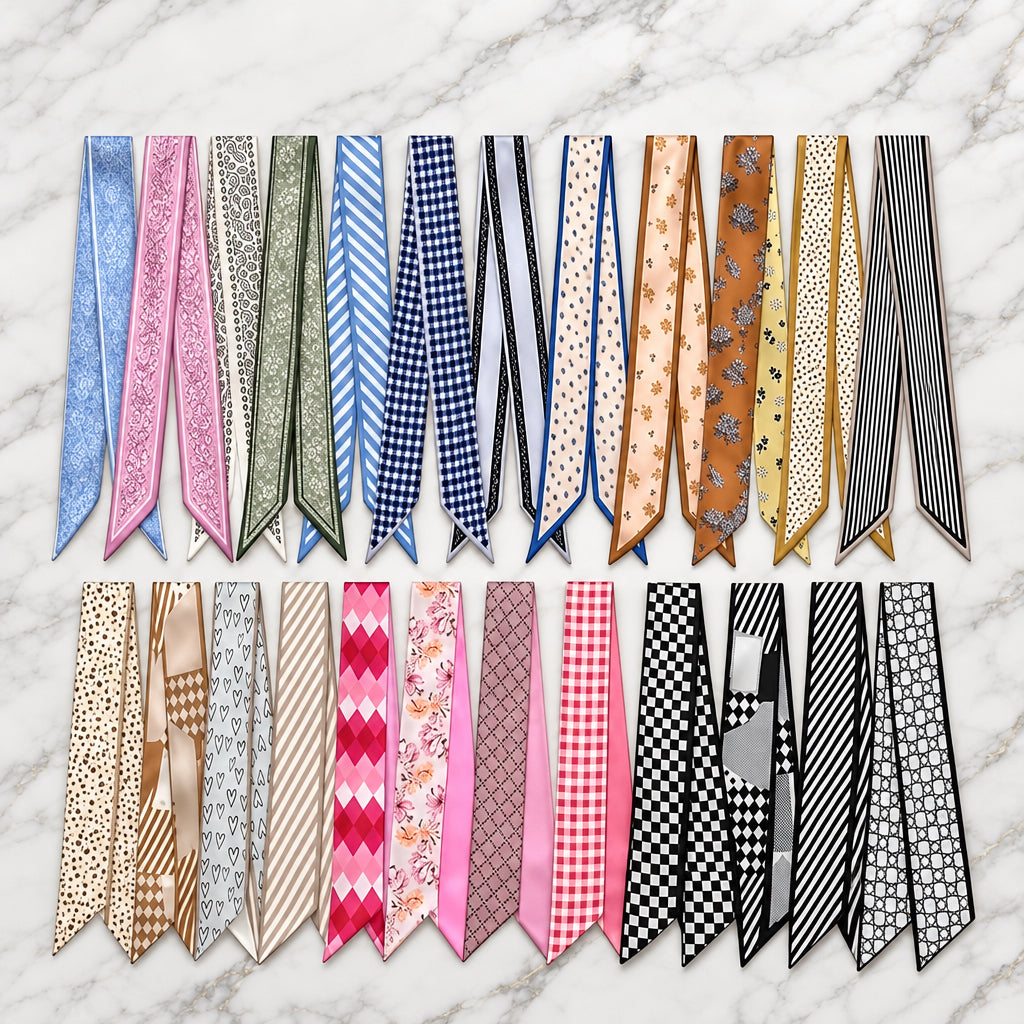 Twenty-four twilly scarves in blue, pink, neutral and black-and-white prints on white marble.