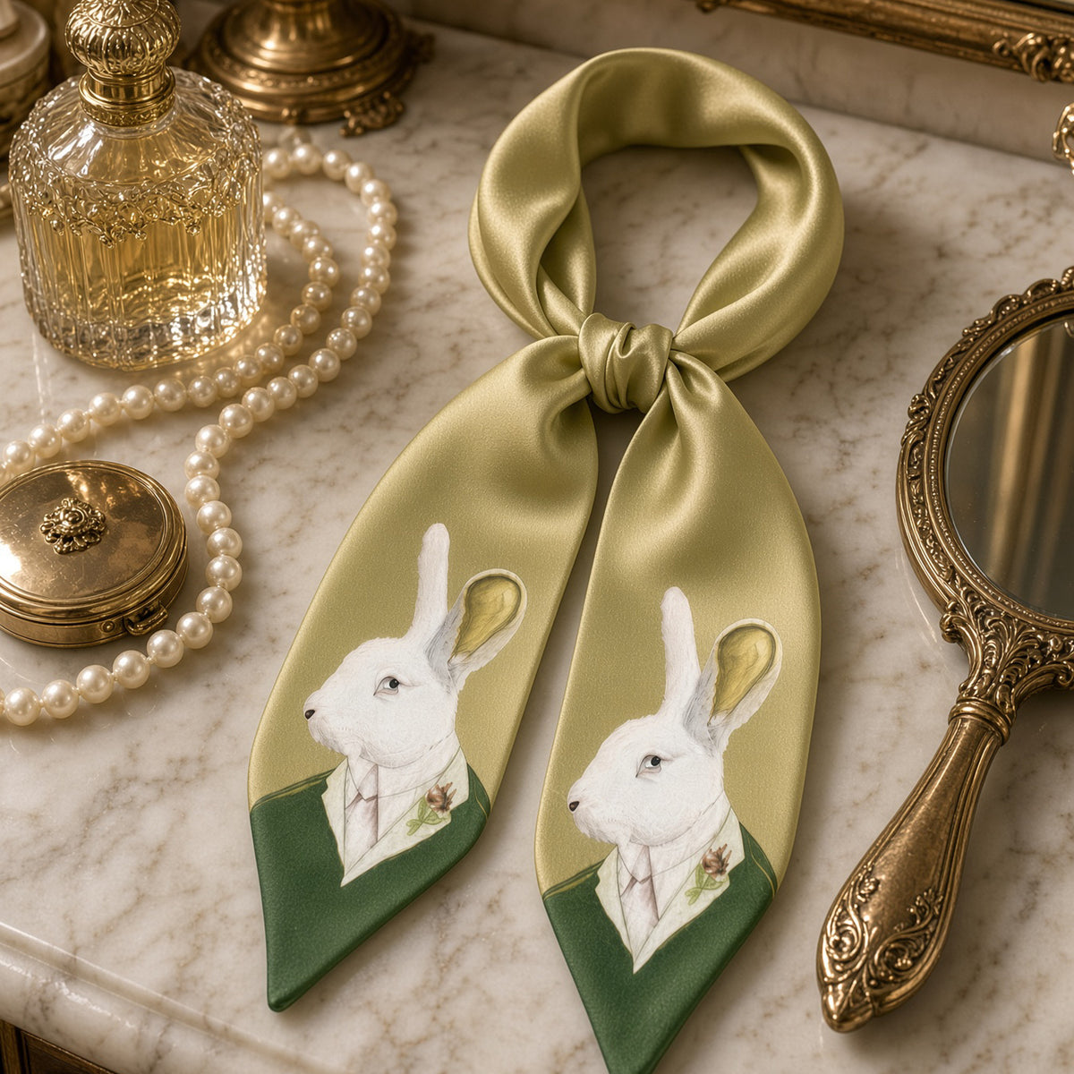 Olive satin twilly with hare print on a marble vanity with pearls and gold mirror