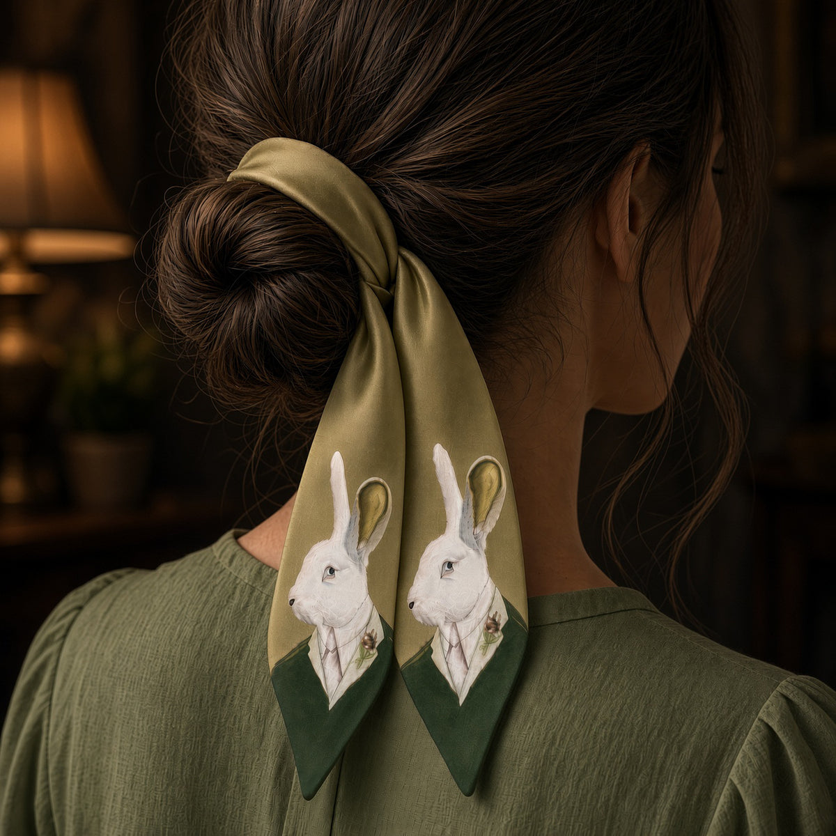 Woman wearing olive hare print twilly scarf tied around a low bun, seen from behind