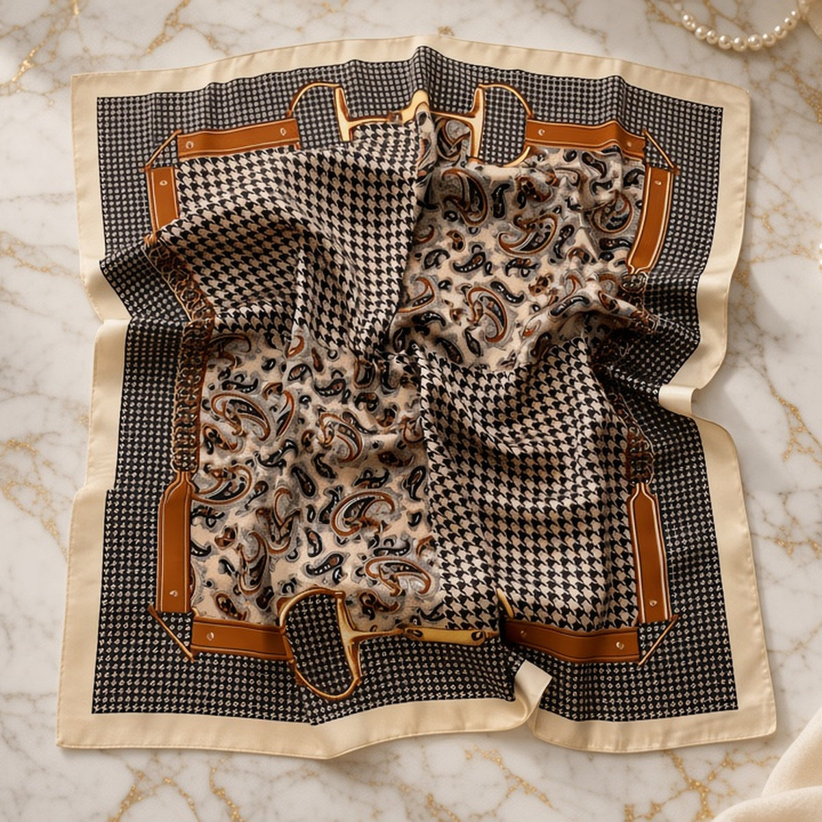 Black and cream houndstooth satin square scarf with paisley center, caramel buckle-strap print, and cream border, laid flat on gold-veined marble.