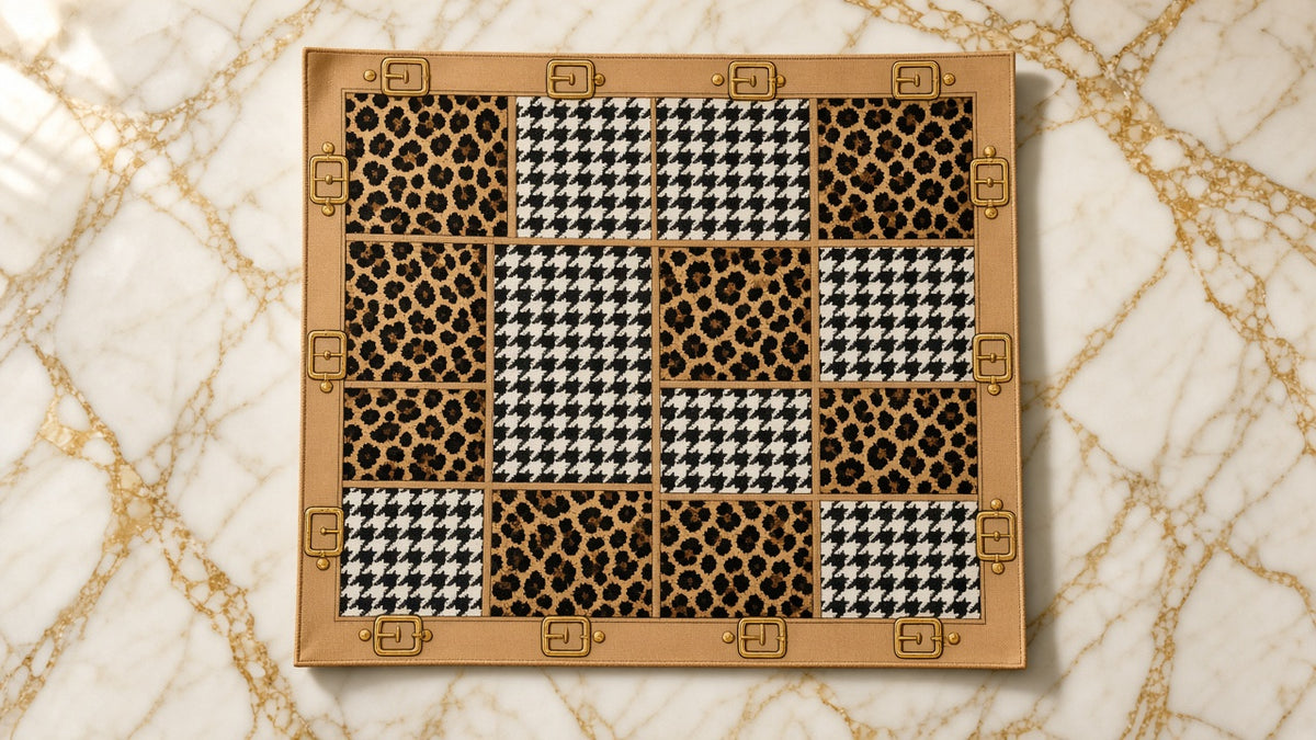 Houndstooth Paisley Satin Scarf on cream marble with gold veining
