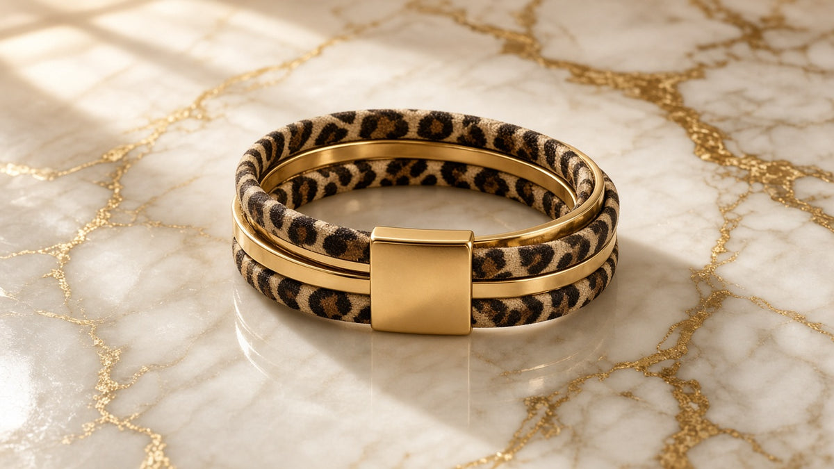 Leopard Layers Wrap Bracelet on cream marble with gold veining