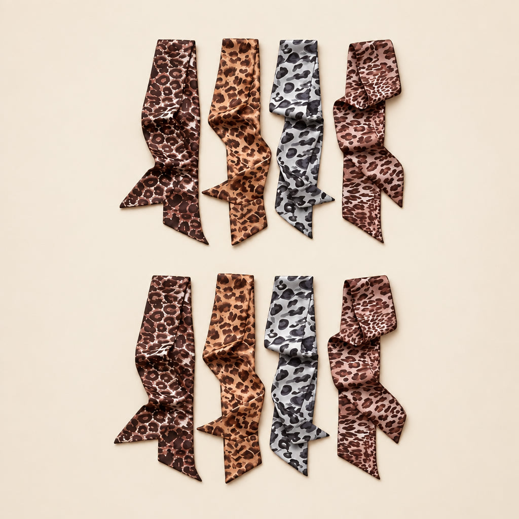 Leopard print twilly scarves in dark brown, caramel, gray and rose on white marble.