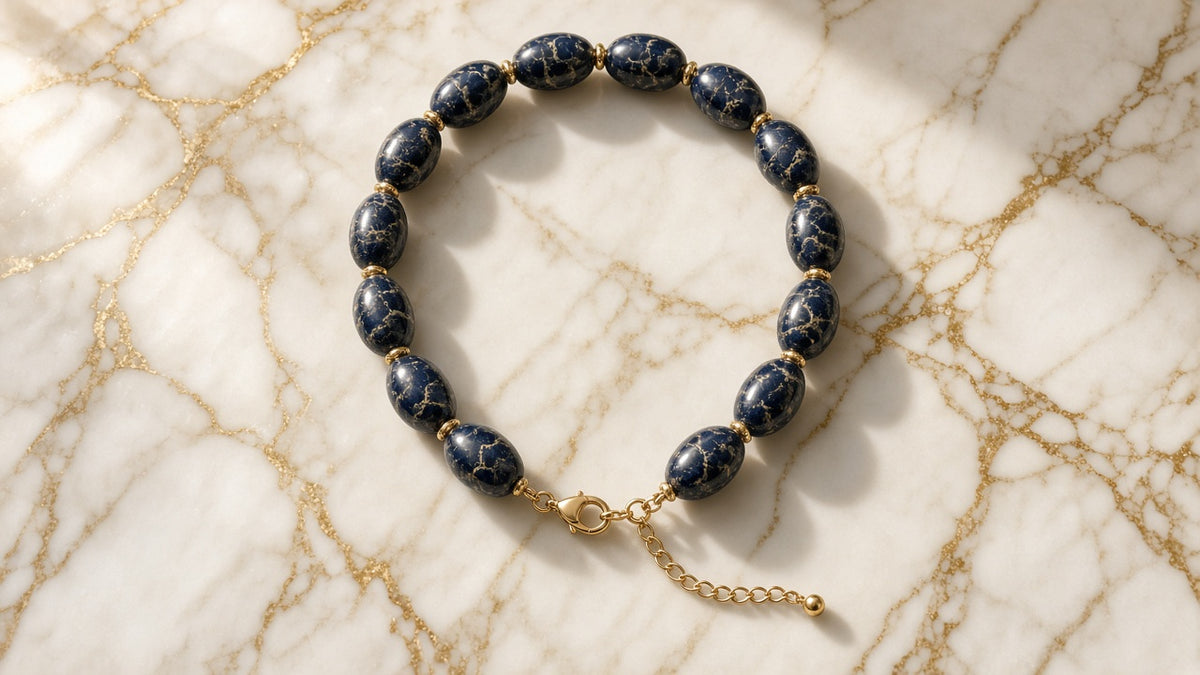 Midnight Navy Chunky Bead Necklace on cream marble with gold veining