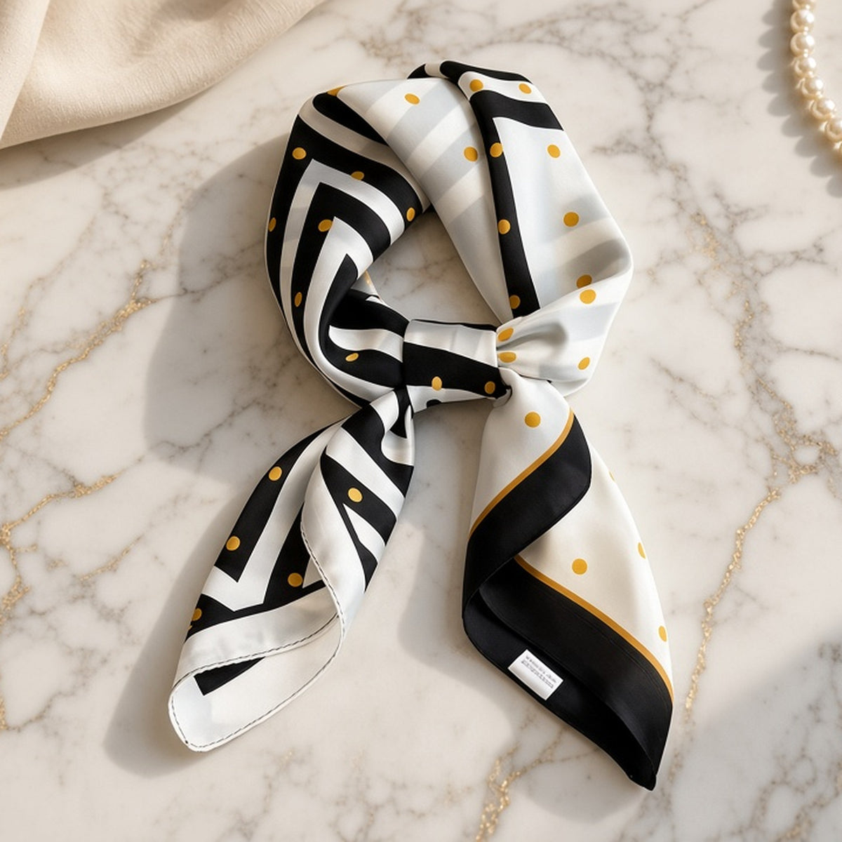 Black and white striped satin square scarf with mustard polka dots and black border, tied in a soft knot on gold-veined marble.