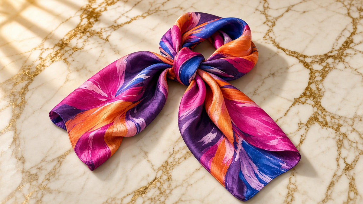 Petal Pop Satin Scarf on cream marble with gold veining