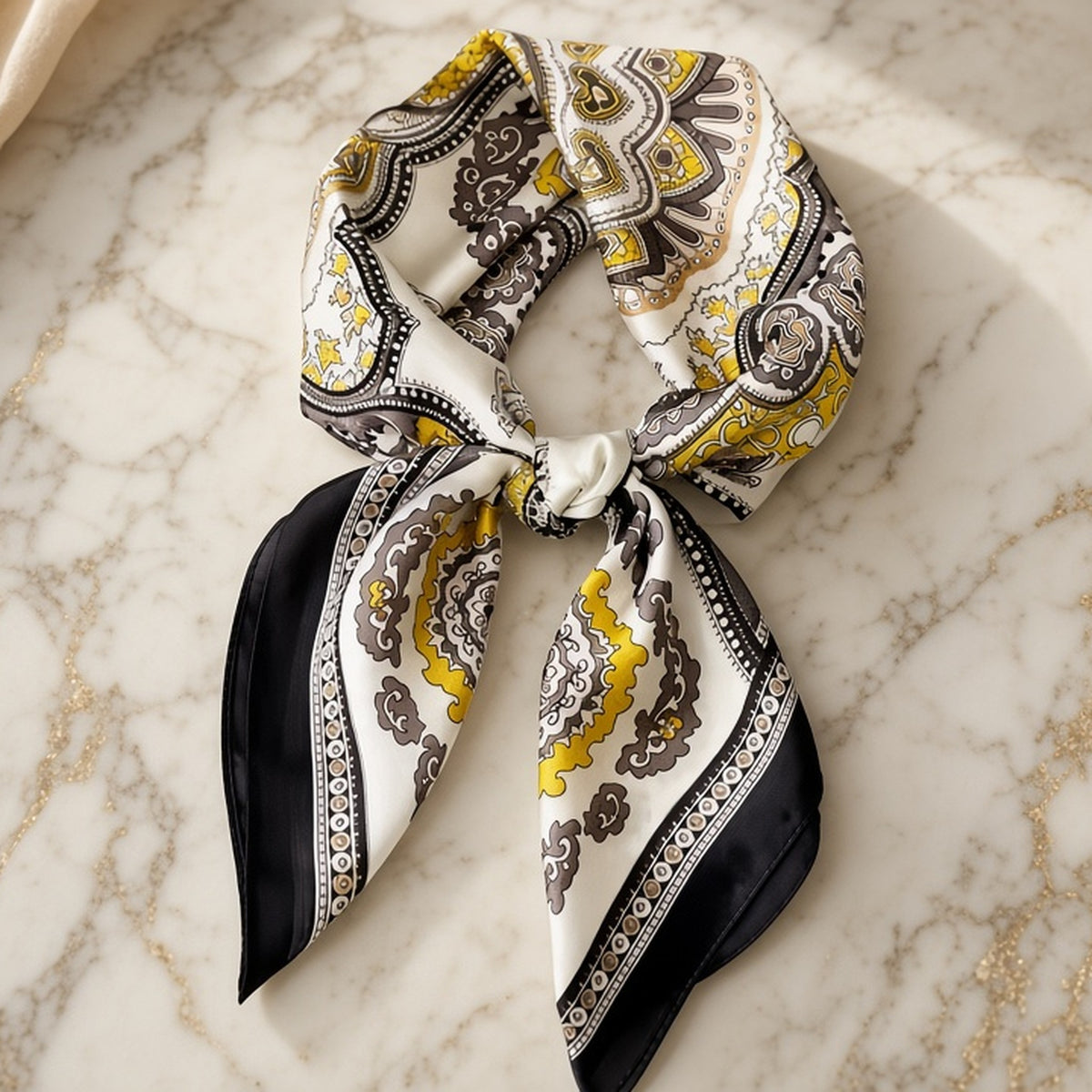 Cream satin square scarf with gray and mustard medallion print and black border, tied in a soft knot on gold-veined marble.