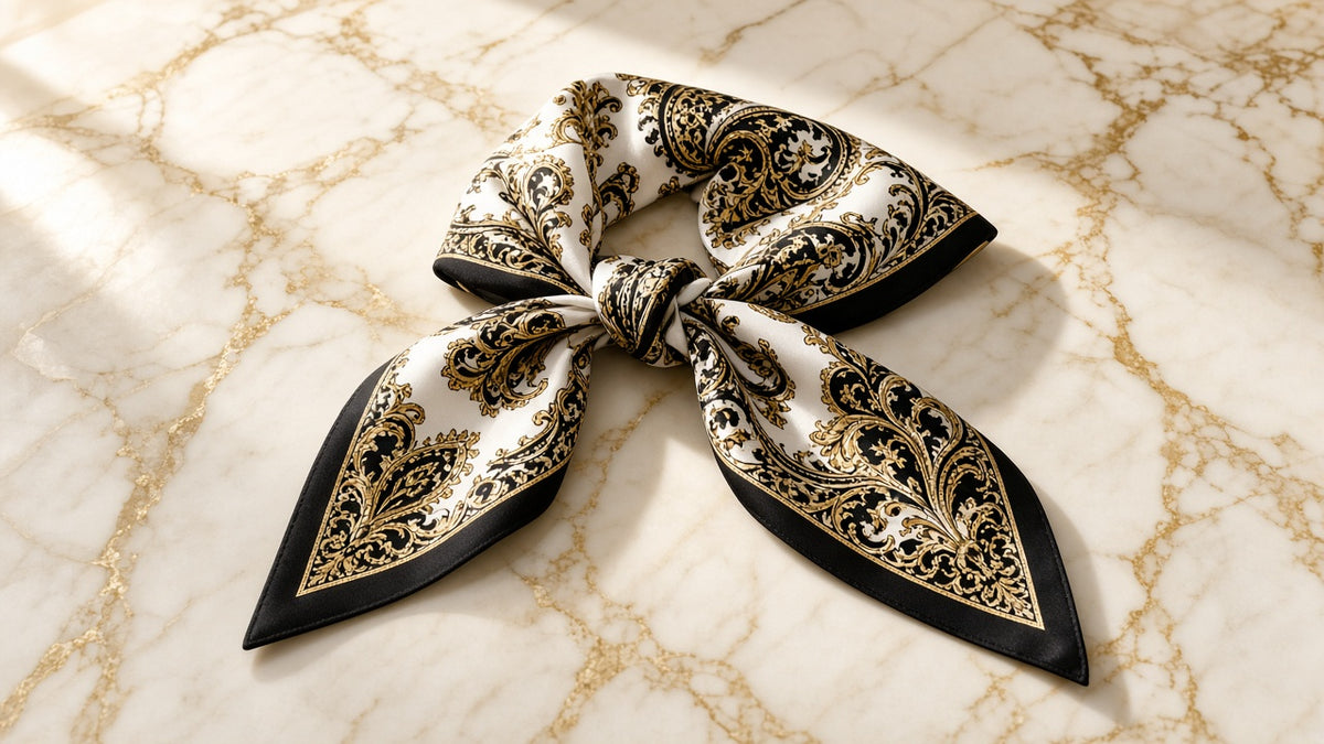 Saffron Medallion Satin Scarf on cream marble with gold veining