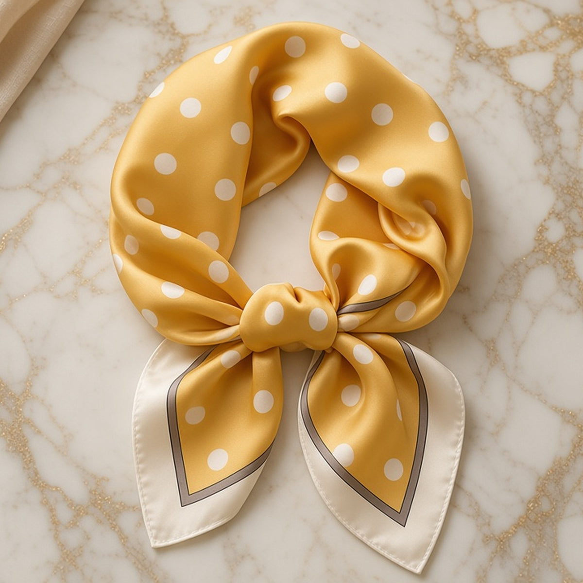 Mustard yellow satin square scarf with white polka dots and cream border, tied in a soft knot on gold-veined marble.