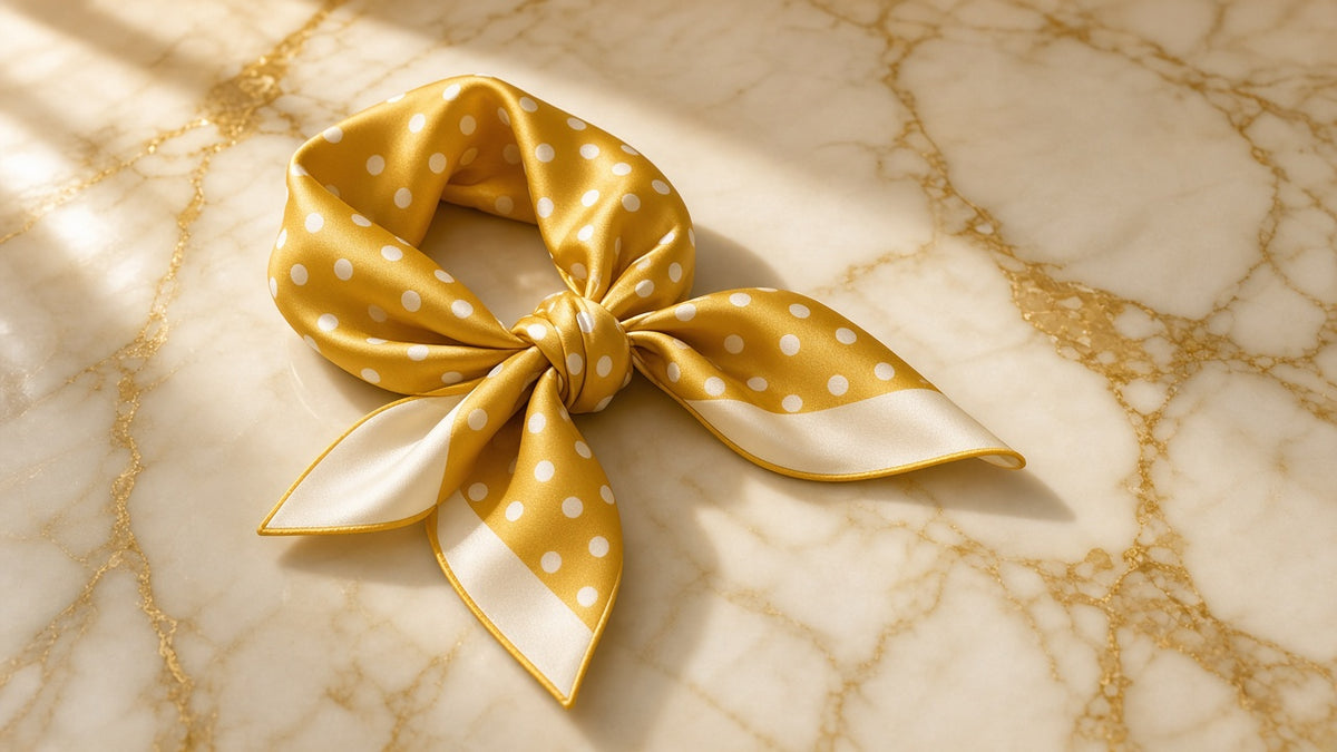Sunshine Polka Dot Satin Scarf on cream marble with gold veining