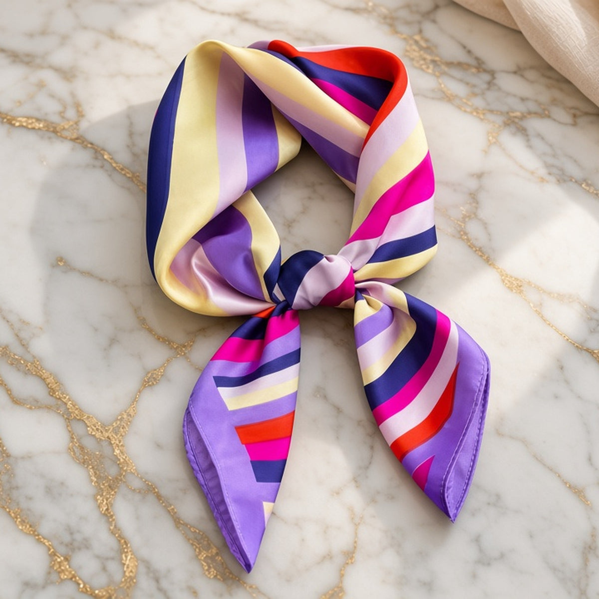 Lavender, butter yellow, hot pink, red and navy striped satin square scarf with purple border, tied in a soft knot on gold-veined marble.