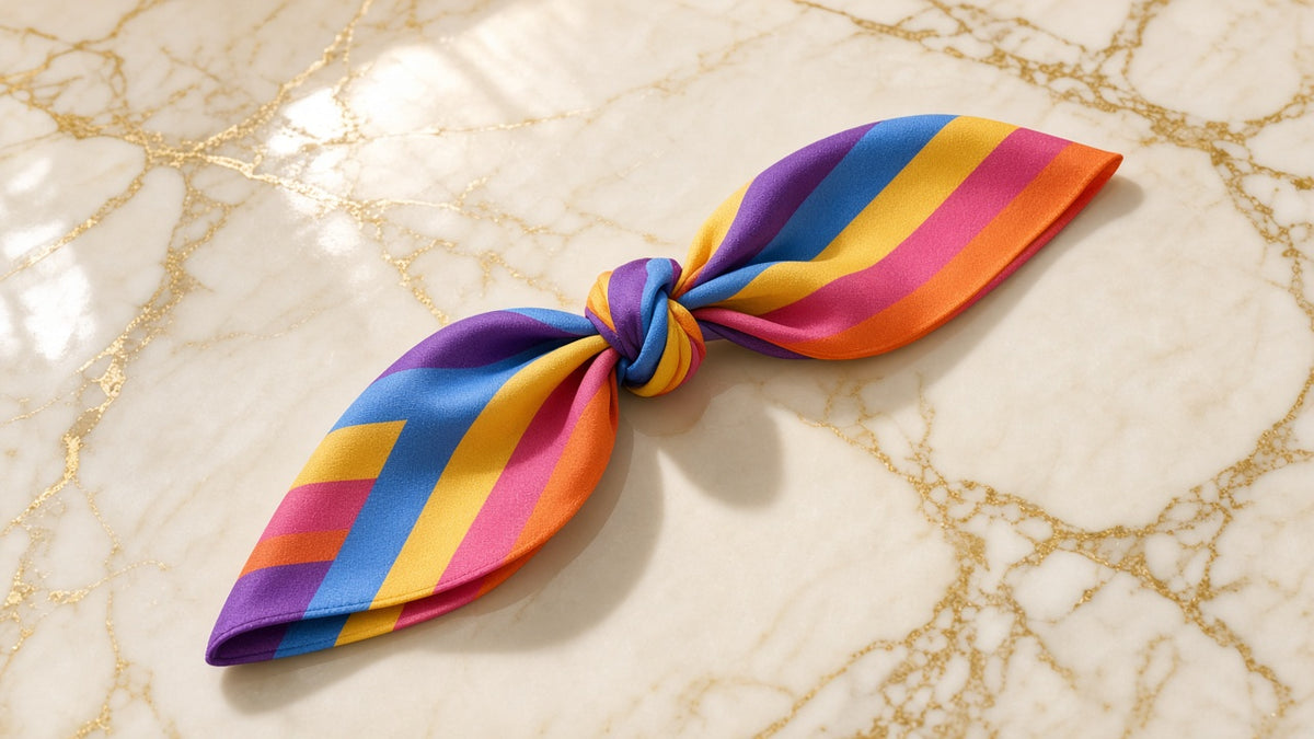 Violet Candy Stripe Satin Scarf on cream marble with gold veining