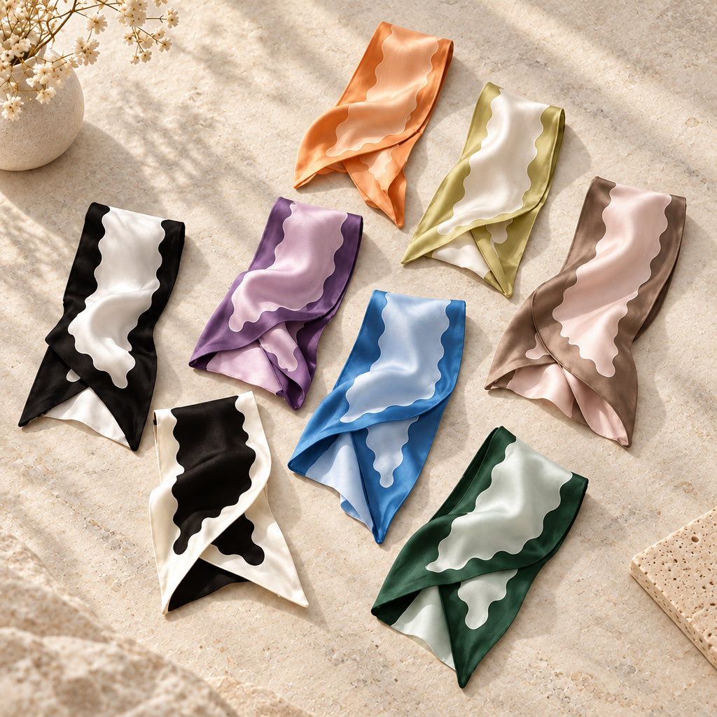 Eight folded twilly scarves with wavy scalloped borders in peach, yellow, taupe, lilac, blue, green, black and white on white marble.